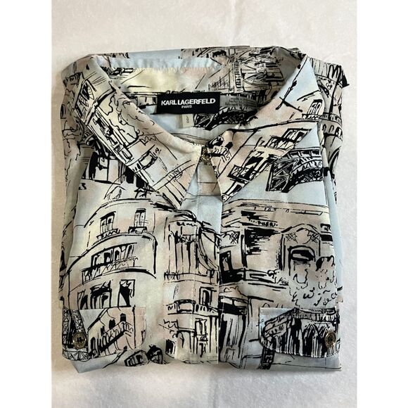 Karl Lagerfeld Paris Parisian Landmarks Print Blouse Size L - Picture 7 of 9